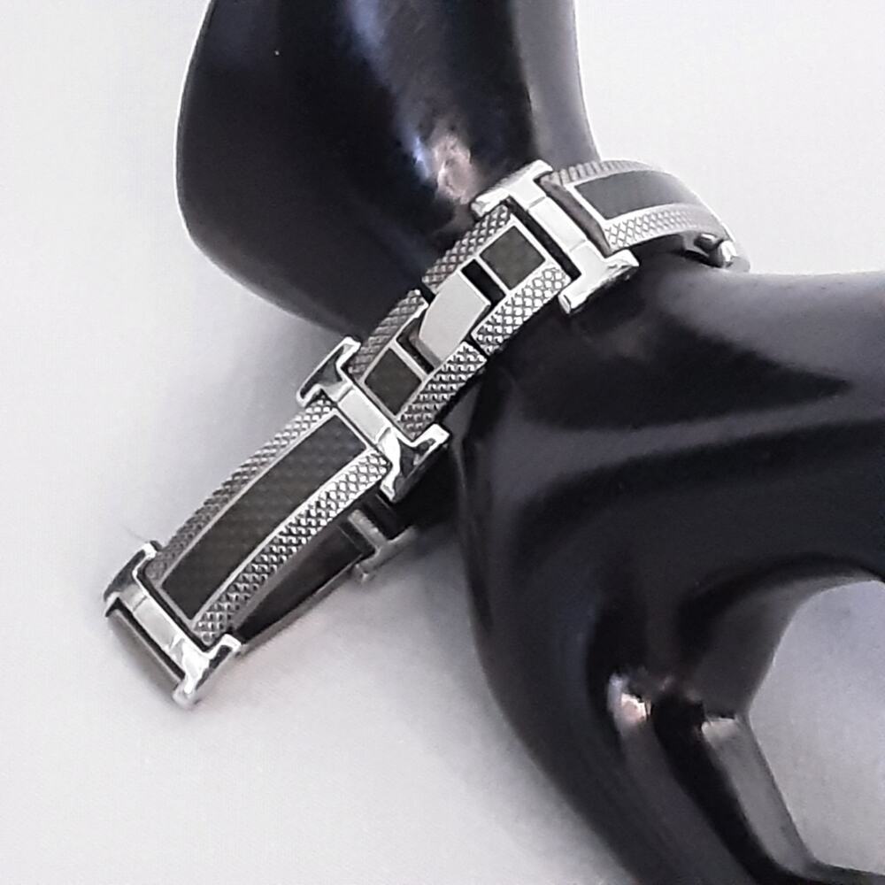 💎Heavy Duty Steel Bracelet And Black Long Panel Links Fold Over Clasp